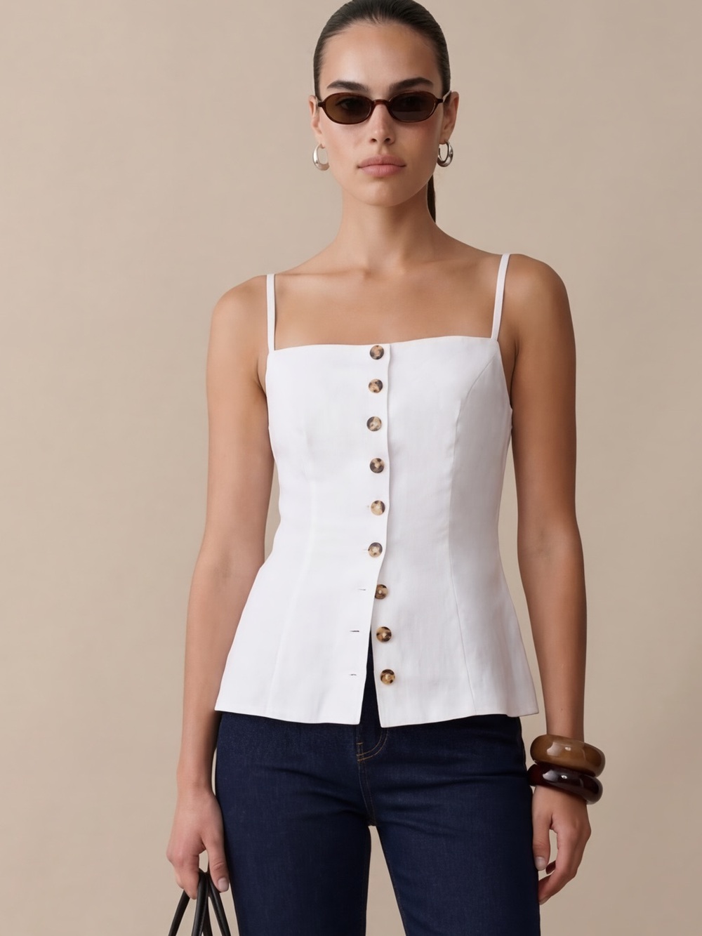 kourt
Cecille Linen Top White Button-Front Linen Blend Cami Top